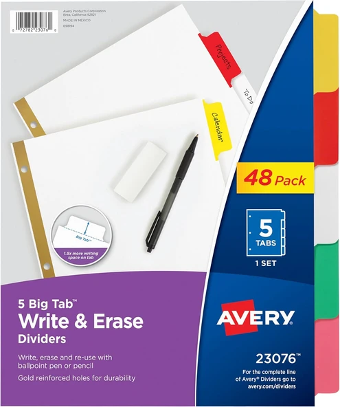 Avery 23076 Big Tab Kırma Ve Silme Ayırıcı, 5 Renkli Sekme, 1 Set 5 Binici 48 Paket ürün görseli 1