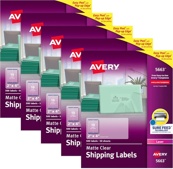 Avery Mat Buzlu Saydam Adres Etiketleri, Lazer Yazıcılar Için, 5 Cm X 10 Cm, 500 Etiket, 5 Paket (56 ürün görseli 1