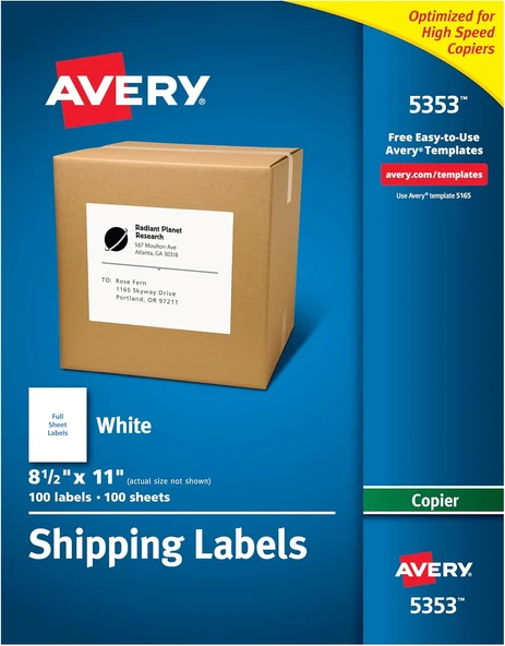 Avery Fotokopi Makineleri Için Sevkiyat Etiketleri, 21,6 Cm X 27,9 Cm Tam Sayfa Etiket, 100 Mat Beya ürün görseli 1