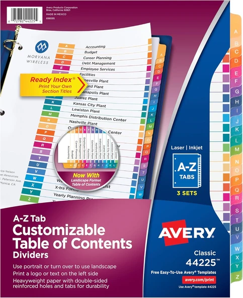 Avery 3 Halka Bağlayıcı Için A-Z Tab Bölücüler, Özelleştirilebilir İçindekiler, Çok Renkli Sekmeler, ürün görseli 1