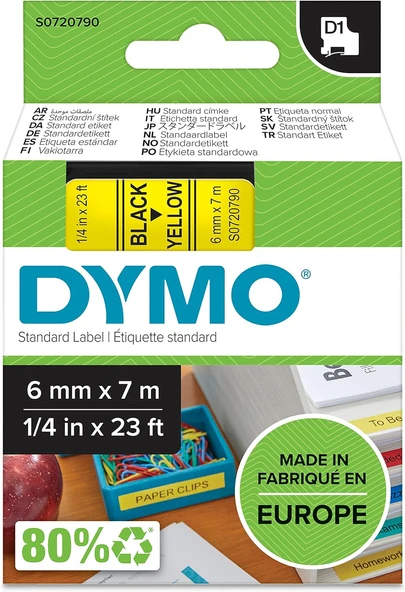 Dymo Dymo D1 Yedek Şerit, 6 Mm X 7 Mt, Sarı/ Siyah (43618) ürün görseli 1