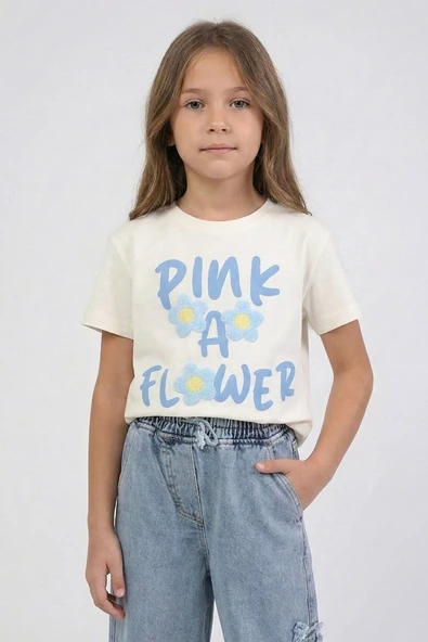 Kız Çocuk Çiçek İşlemeli Tshirt Mavi 4-9 Yaş ürün görseli 1