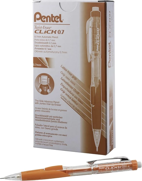 Pentel Twist-Erase Click Mekanik Kalem, (0,7 Mm), Şeffaf Namlu, Turuncu Tutuş, 12'Li Paket (Pd277Tf) ürün görseli 1