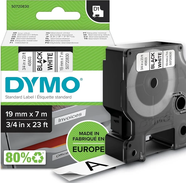 Dymo D1 Yedek Şerit, 19 Mm X 7 Mt, Beyaz/Siyah (45803) ürün görseli 1