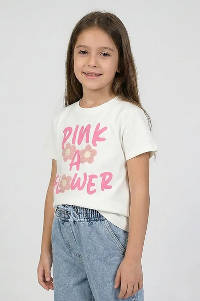 Kız Çocuk Çiçek İşlemeli Tshirt Pembe 4-9 Yaş ürün görseli 1
