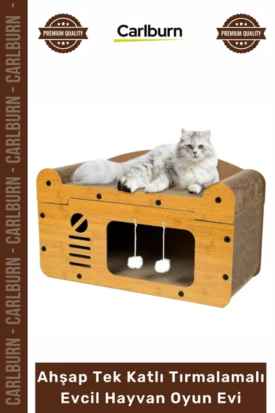 #OyunEvi Modern Kedi Köpek Yuvası Peluşlu Ahşap Tek Katlı Tırmalamalı Evcil Hayvan Oyun Evi ürün görseli 1