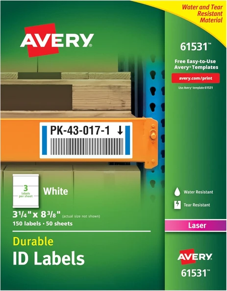 Avery Lazer Yazıcılar Için Dayanıklı Beyaz Kapak Kimlik Etiketleri, 3,25 X 8,375, 150'Li Paket (6153 ürün görseli 1
