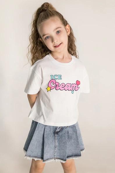Kız Çocuk Crop Baskılı Tshirt Beyaz 4- 9 Yaş ürün görseli 1