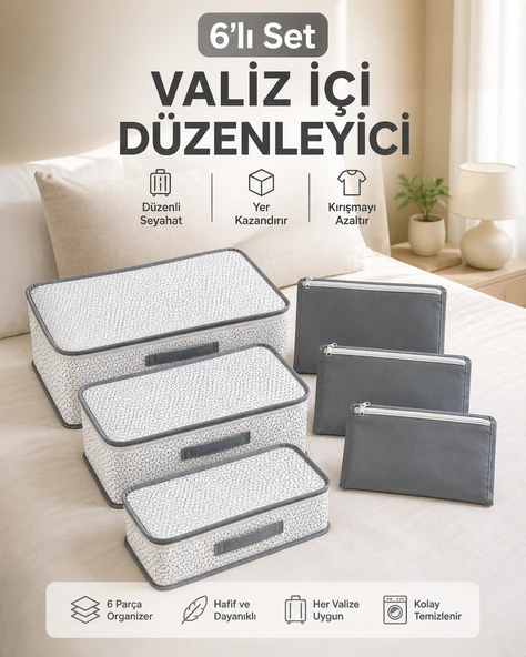 6’lı Valiz İçi Düzenleyici Hurç Seti Bavul Organizer Set,Seyahat Çanta Düzenleyici (Premium Kumaş) ürün görseli 1