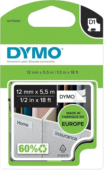 Dymo S0718060, Yüksek Performans Kalıcı Polyester (12 Mm X 5,5 Mt), Siyah/Beyaz (16959) ürün görseli 1