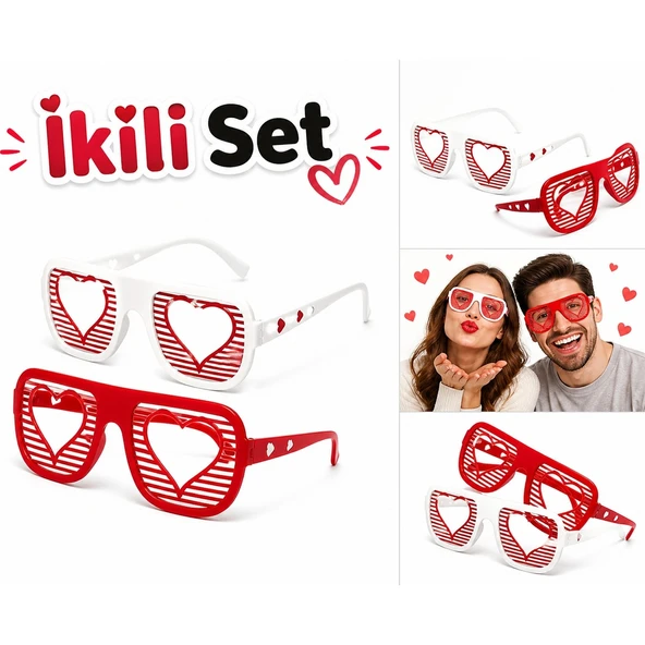 ❤️ Çiftlere Özel Retro Parti Gözlüğü İkili Set | Kalp Detaylı Eğlenceli Tasarım | Renk Seçenekli ürün görseli 1