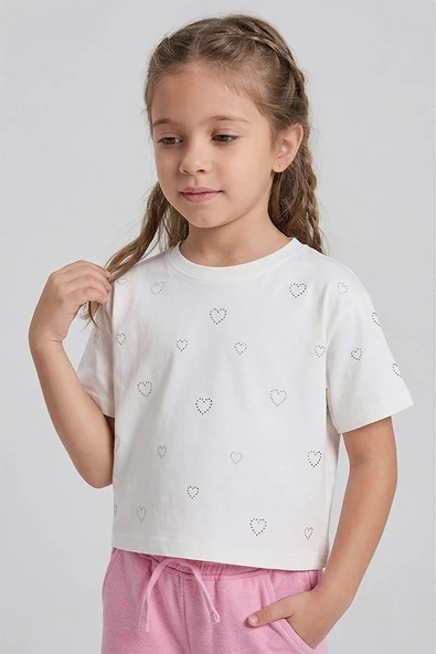 Kız Çocuk Crop Taşlı Kalp Desenli Tshirt Ekru 4- 9 Yaş ürün görseli 1