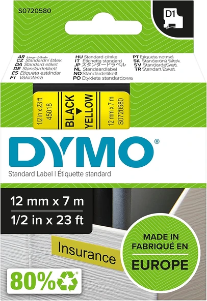 Dymo S0720580, D1 Yedek Şerit (12 Mm X 7 Mt), Sarı/Siyah (45018) ürün görseli 1