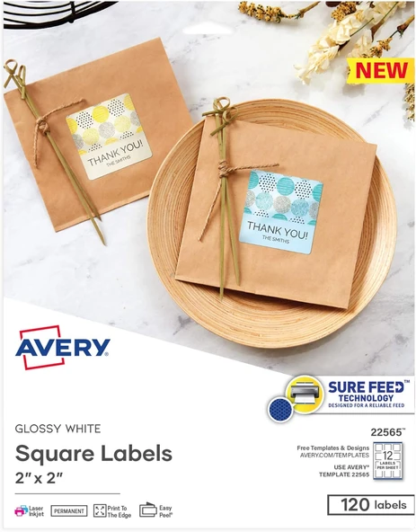 Avery Yazdırılabilir Boş Kare Etiketler, 2 "X 2", Parlak Beyaz, 120 Özelleştirilebilir Etiket (22565 ürün görseli 1