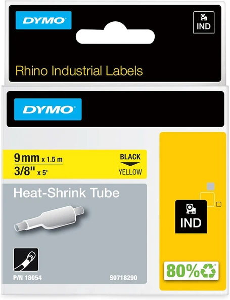 Dymo Rhinopro, Isıyla Küçülen Şerit (9 Mm X 1.5 Mt), Sarı/Siyah - 18054 ürün görseli 1