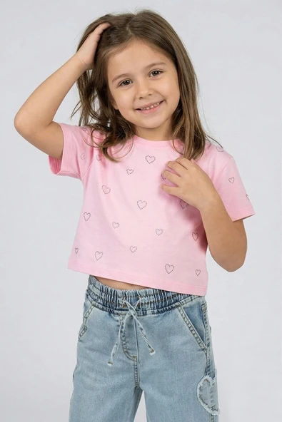 Kız Çocuk Crop Taşlı Kalp Desenli Tshirt Pembe 4-9 Yaş ürün görseli 1