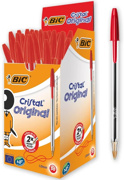 Bic Cristal Medium Tükenmez Kalem Kırmızı 50'Li Kutu, 1.0 Mm Orta Kalınlıkta Uç, Şeffaf Gövde, Delik ürün görseli 1