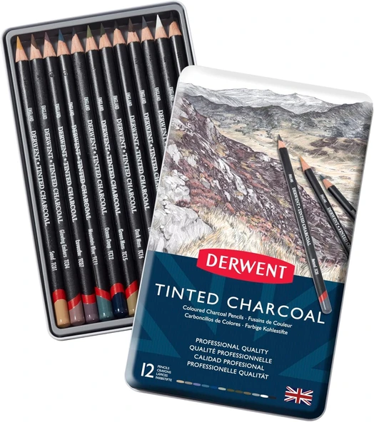 Derwent Tınted Charcoal Renkli Füzen Kalem - 12 Renk Metal Kutulu ürün görseli 1