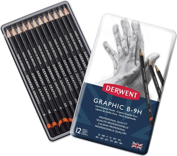 Derwent Graphıc Serisi Dereceli Kalem Seti (6B>4H) - 12 Kalem Metal Kutu ürün görseli 1