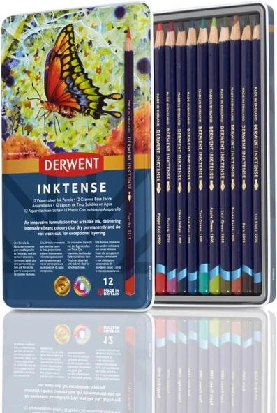 Derwent Inktense Serisi Mürekkep Bazlı Suluboya Kalem Seti - 12 Renk Metal Kutulu ürün görseli 1