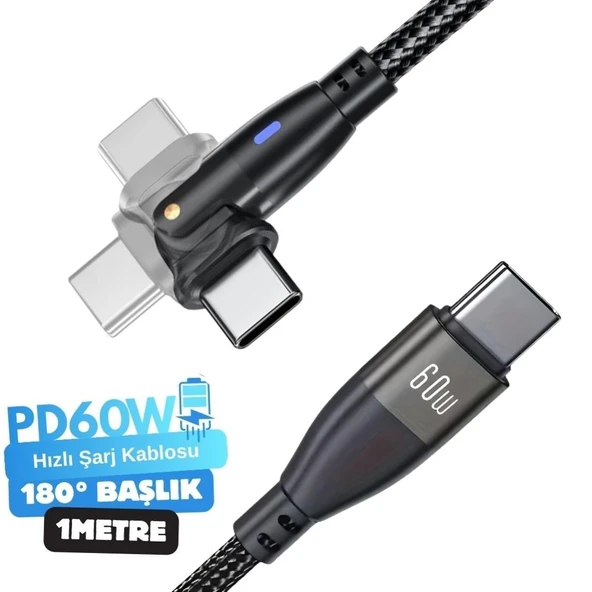 Type C To Type C Hızlı Şarj Data Kablosu Çevirici Dönüştürücü Adaptör 180 Derece 60W 1 Metre ürün görseli 1