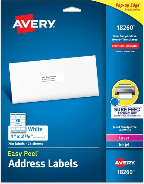 Avery Kolay Soyulabilir Basılabilir Adres Etiketleri, Emin Besleme, 1" X 2-5/8", Beyaz, 750 Boş Gönd ürün görseli 1