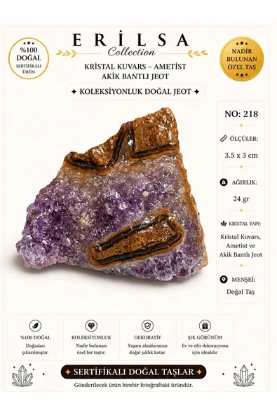 Sertifikalı Kristal Kuvars Ametist Akik Bantlı Jeot Koleksiyonluk Doğal Taş Dekoratif Obje NO 218 ürün görseli 1