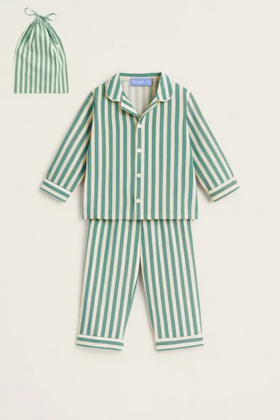 La ciel Paris Yeşil Çizgili Pijama Set + Çanta Hediyeli ürün görseli 1