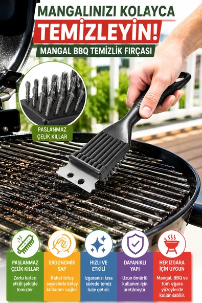 Mangal BBQ Temizlik Fırçası Paslanmaz Çelik Kıllı Izgara Temizleme Fırçası Ergonomik ürün görseli 1