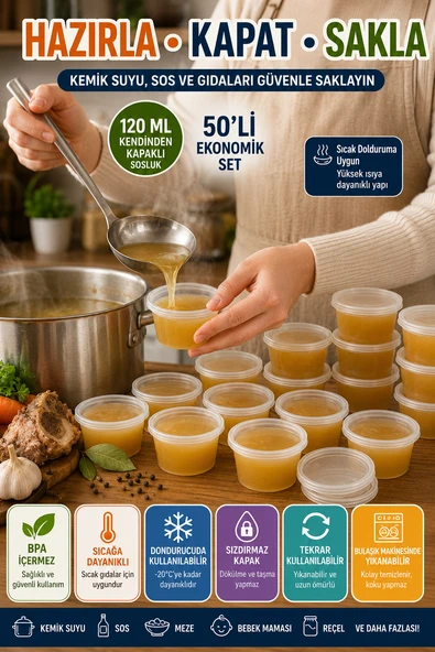 120 Ml Kendinden Kapaklı Sosluk Saklama Kabı 50’li Set Sızdırmaz Şeffaf PP Plastik ürün görseli 1