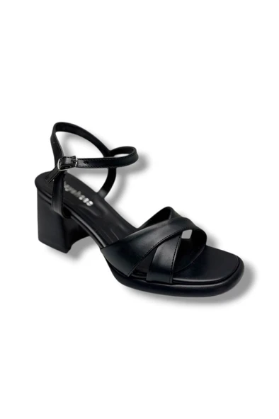 Erbay 405-26 Cilt Deri Çapraz Bant Kalın Topuk Anatomik Kadın Sandalet(7cm) ürün görseli 1
