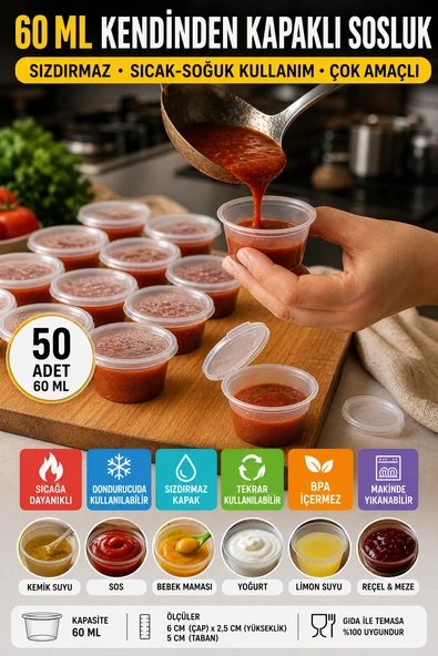 60 ML Kendinden Kapaklı Sosluk 50’li Set Sızdırmaz BPA İçermez Tekrar Kullanılabilir ürün görseli 1