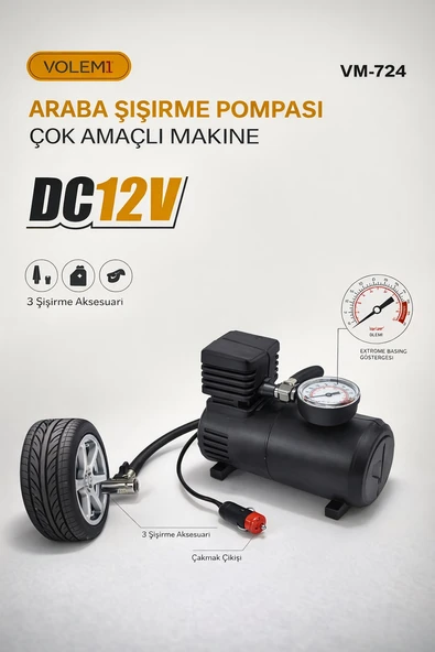 Volemi VM-724 Araç Şişirme Pompası / Motor-Top-Bisiklet-Motorsiklet Çok Amaçlı Hava Kompresörü 12V G ürün görseli 1