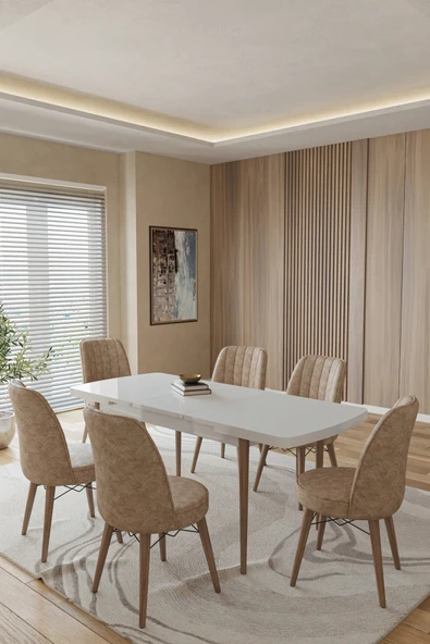 TOCE HOME Leva 80X130 Açılabilir Beyaz Masa Yemek Odası Takımı Mutfak Takımı 6 Adet Sandalye-CAPPİCİNO Bej 80 x 130 ürün görseli 1
