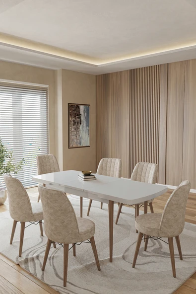 TOCE HOME Leva 80X130 Açılabilir Beyaz Masa Yemek Odası Takımı Mutfak Takımı 6 Adet Sandalye Bej 80 x 130 ürün görseli 1