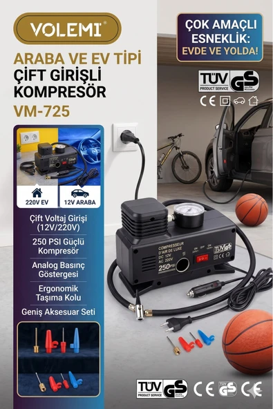 Volemi Vm-725 Çift Girişli 12v/220v 250 Psı Ev Ve Araç Uyumlu Hava Kompresörü Lastik Şişirme Pompası ürün görseli 1