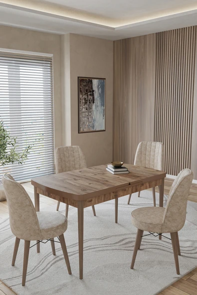 TOCE HOME Helmo Serisi 80X130 Açılır Masa Yemek Odası Takımı, Mutfak Takımı 4 Adet Sandalye Bej 80 x 130 ürün görseli 1