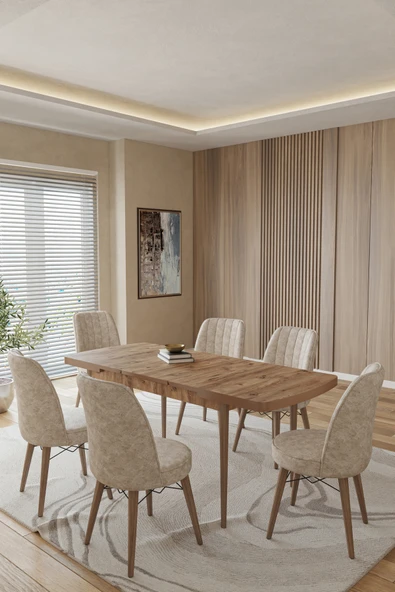 TOCE HOME Kuf Serisi 80X130 Açılabilir Masa Yemek Odası Takımı, Mutfak Takımı 6 Adet Sandalye Bej 80 x 170 ürün görseli 1