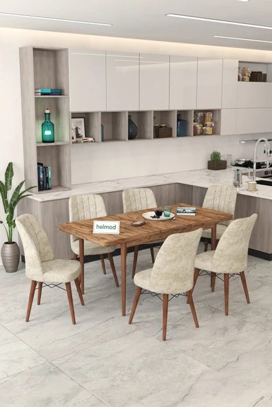 HELMOD Mutfak Masası Takımı 6 Kişilik Açılır Masa Sandalye Takımı Salon Masası Yemek Masası - Krem Bej 80 x 170 ürün görseli 1