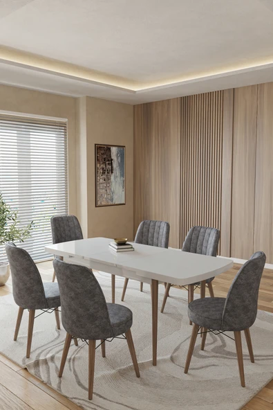 TOCE HOME Leva 80X130 Açılabilir Beyaz Masa Yemek Odası Takımı Mutfak Takımı 6 Adet Sandalye Gri 80 x 170 ürün görseli 1