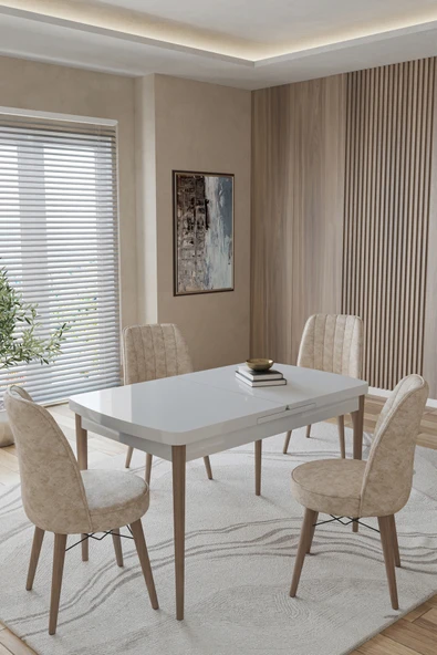 TOCE HOME Helmo Serisi 80X130 Açılır Masa Yemek Odası Takımı, Mutfak Takımı 4 Adet Sandalye Bej 80 x 130 ürün görseli 1