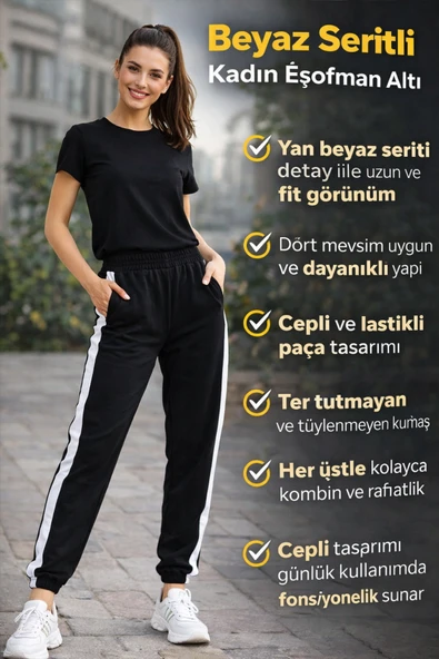 Oxyteez Kadın Günlük Pamuk Rahat Eşofman Altı Beyaz Şeritli Modern Tasarım ürün görseli 1