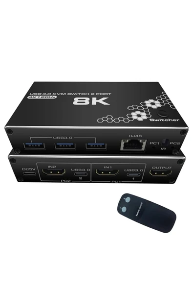 Bastore Usb 3.0 4k Hdmi Kvm Kumandalı Switch 2 Port Rj45 Ethernet Pc Kasa Klavye Mouse Çoklayıcı ürün görseli 1