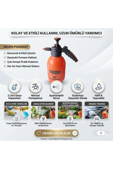 pomsan 2 Lt Manuel İlaçlama Pompası K-53| Bahçe, Ev, Haşere İlaçlama & Bitki Sulama Pompası ürün görseli 1