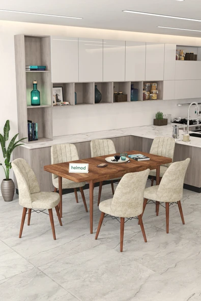 Helmod Mobilya Helmod 6 Kişilik Açılır Masa Sandalye Takımı Mutfak Masası Takımı Salon Masası Yemek Masası Takımı Bej 80 x 130 ürün görseli 1