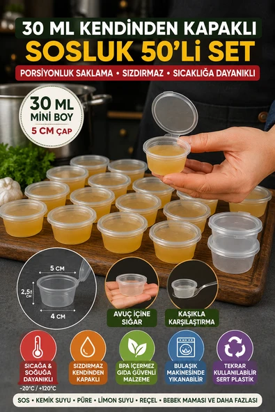 30 Ml Kendinden Kapaklı Şeffaf Sosluk 50’li Set Sızdırmaz Mini Saklama Kabı BPA’sız ürün görseli 1
