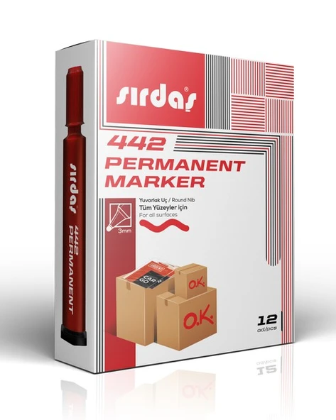Sırdaş Permanent Marker 12'li Paket Kırmızı Yuvarlak Uç 442 ürün görseli 1