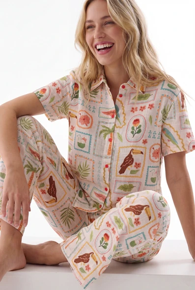 Sarı Seaside Önden Düğmeli Pijama Takım ürün görseli 1