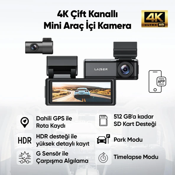 Laiser Bravo 1 Araç Kamerası | 2 Kanal 2K + FHD Arka | HDR | GPS Wi-Fi | 3,2" IPS Ekran ürün görseli 1