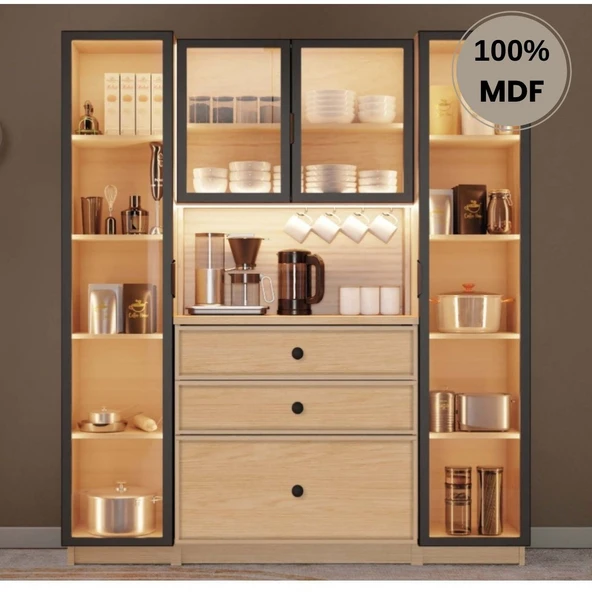 Comiet Meşe Mdf Kahve Köşesi Dolabı 4 kapak Çekmeceli Işıklı ürün görseli 1